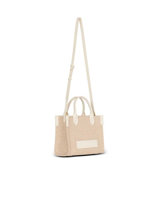 Balmain Natural B-Army Small Monogrammed Canvas And Leather Tote Bag