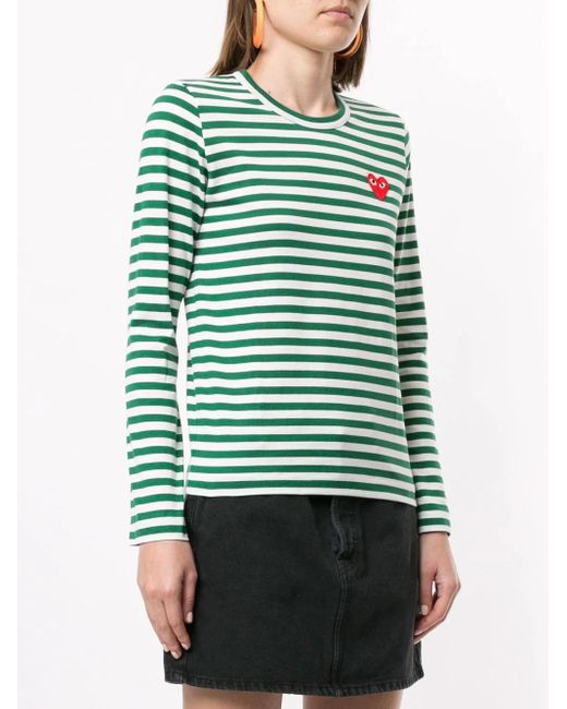 COMME DES GARÇONS PLAY Green Striped Logo-Patch T-Shirt
