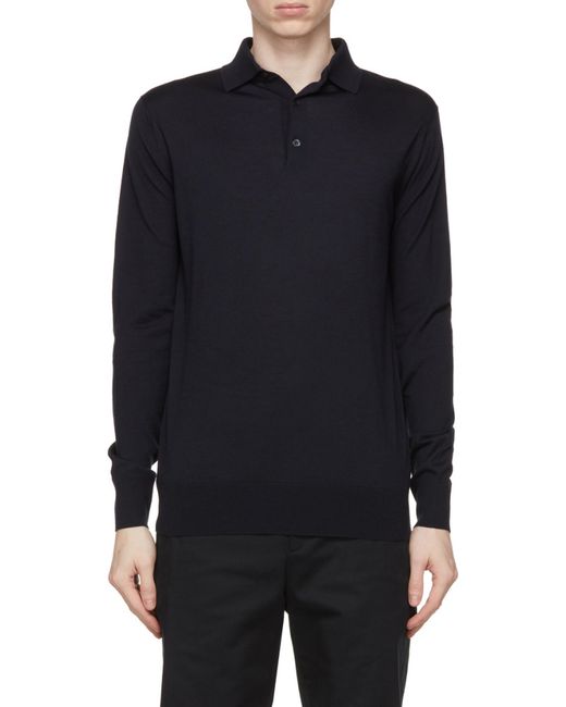 Loro Piana Blue Long-Sleeved Knitted Polo Shirt for men