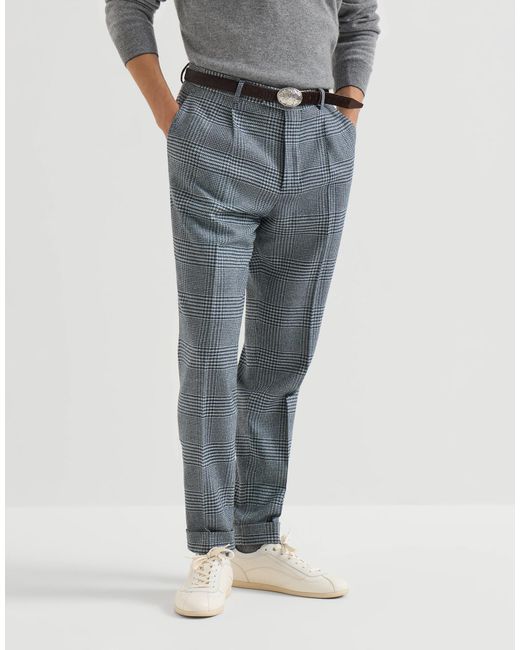 Brunello Cucinelli Blue Comfort Wool And Cashmere Prince Of Wales Flannel Trousers With Pleat for men