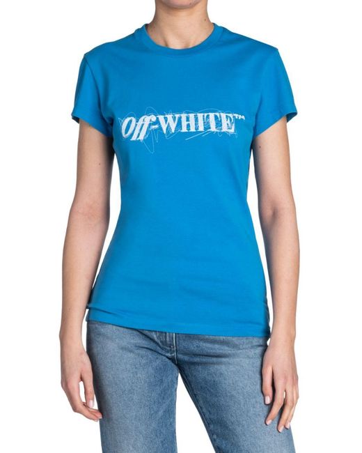 Off-White c/o Virgil Abloh Blue Crewneck Logo Detailed T-Shirt