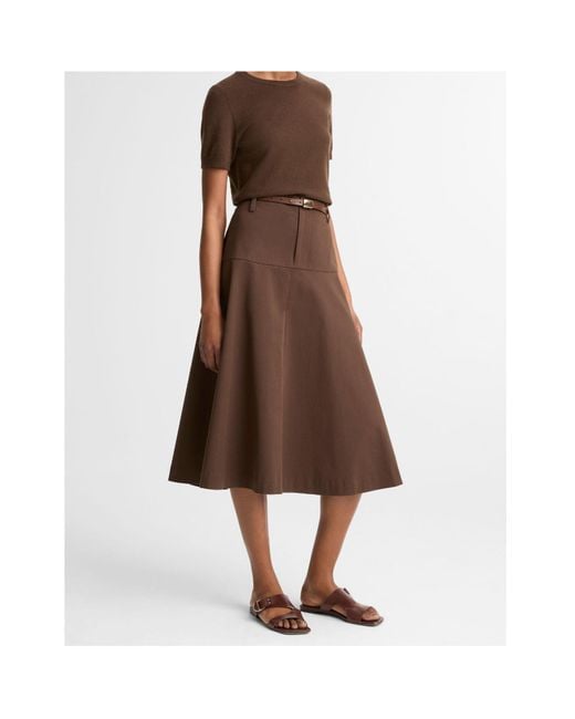 Vince Brown Belted A-Line Midi Skirt