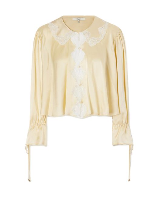 Chloé White Gathered Lace-Trimmed Silk-Satin Blouse