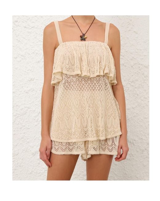 Zimmermann Natural Mahon Ruffled Pointelle-Knit Top