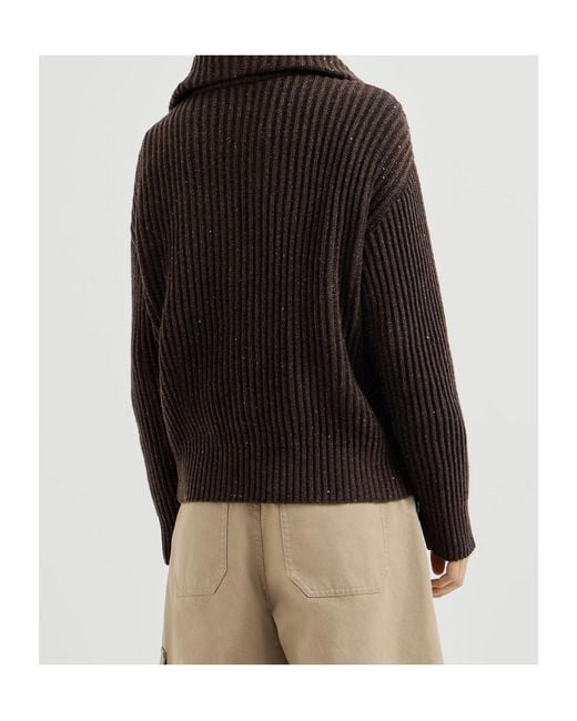 Brunello Cucinelli Black Sparkling Dazzling Cashmere And Wool Ribbed Cardigan With Shiny Zipper Pull