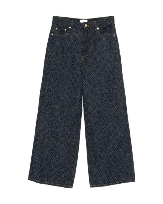 Ganni Blue Logo Patch Wide Leg Jeans