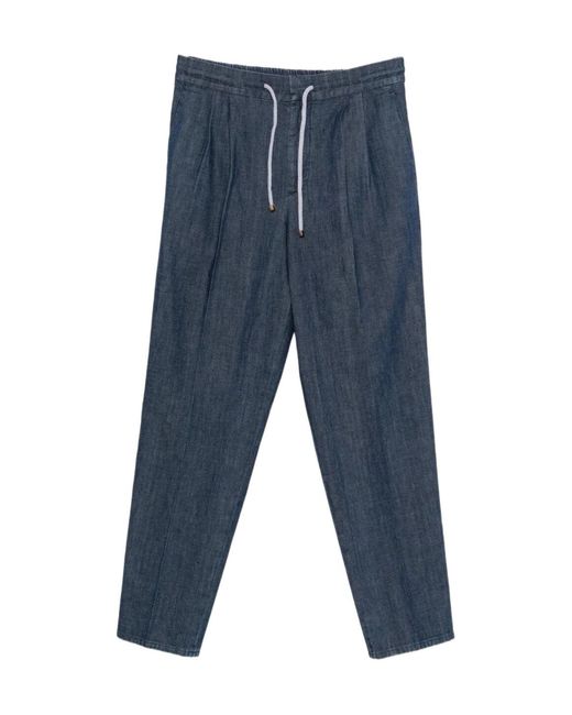 Brunello Cucinelli Blue Double Pleats Lightweight Denim Trousers for men