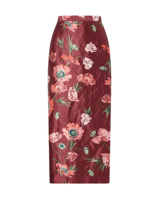 Erdem Red Floral-Printed Satin Midi Pencil Skirt