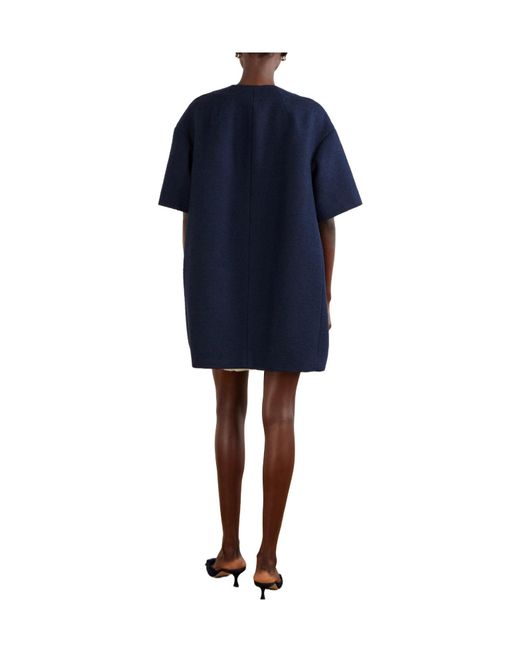 Oscar de la Renta Blue Embellished Embroidered Cotton-Blend Tweed Coat