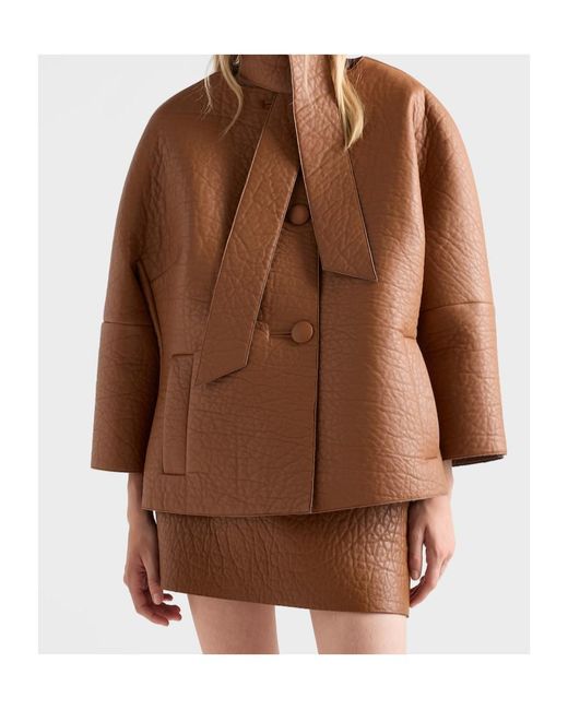 Prada Brown Nappa Leather Jacket With Scarf