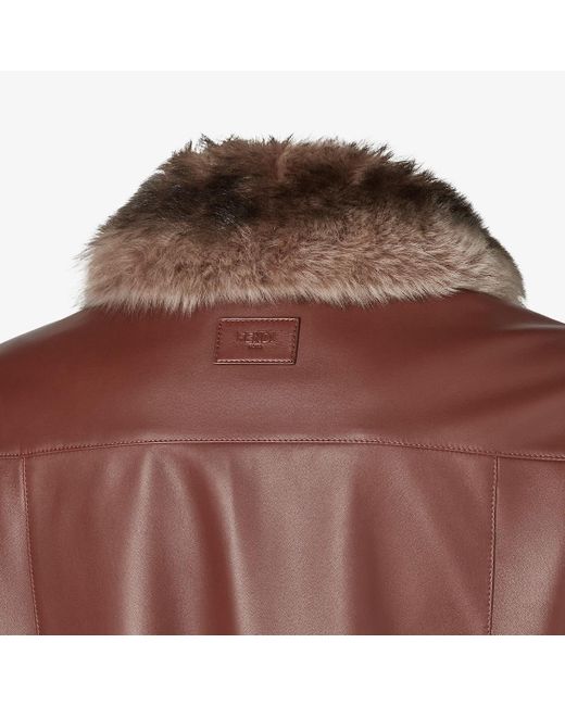 Fendi Brown Faux-Fur Collar Leather Bomber Jacket for men