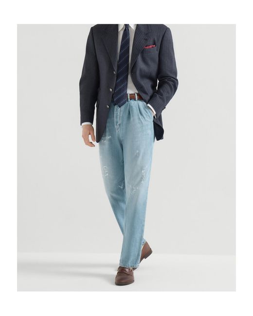 Brunello Cucinelli Blue Lightweight Denim Iconic Fit Five-Pocket Trousers With Double Pleats And Rips for men