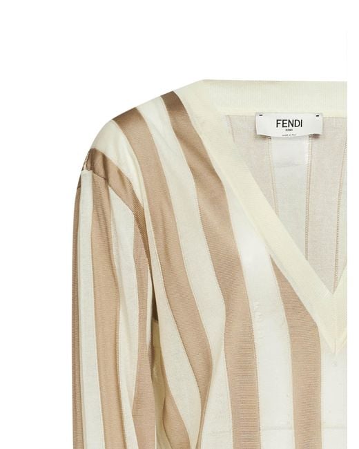 Fendi Natural Striped V-Neck Knitted Jumper