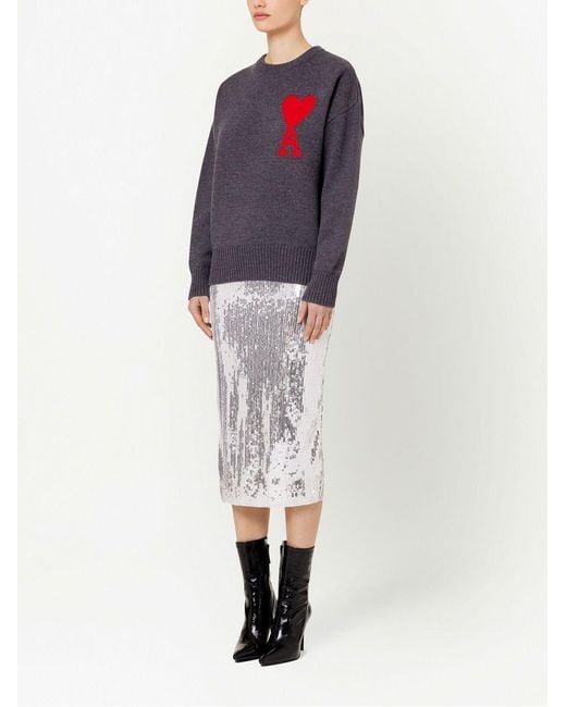 AMI Gray Ami De Coeur Crewneck Knitted Jumper for men