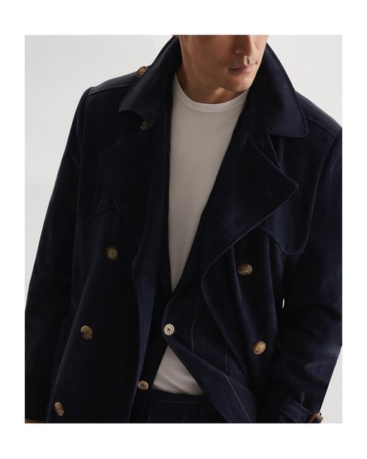 Brunello Cucinelli Blue Suede Trench Coat for men