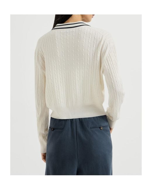 Brunello Cucinelli White Cashmere Cable-Knit Polo Shirt With Logo