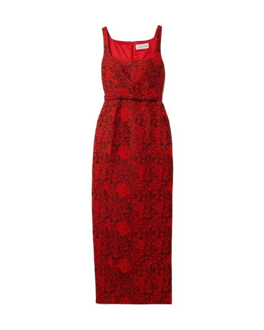 Saloni Red Belted Brocade Gown