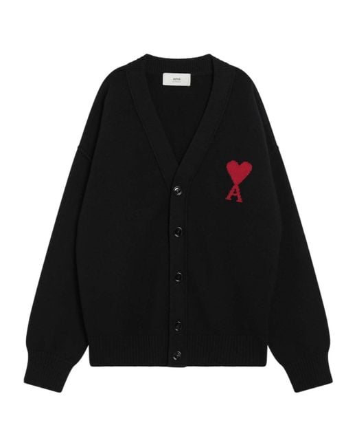AMI Black Logo Intarsia Knitted Cardigan for men