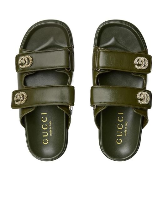 Gucci Green Crystal Double Strap Flat Sandals