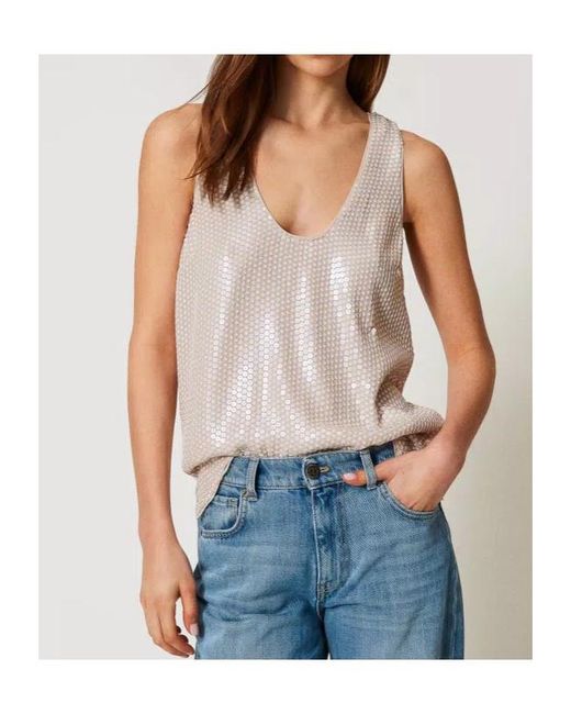 Twinset Natural Sequin-Embellished Tank Top