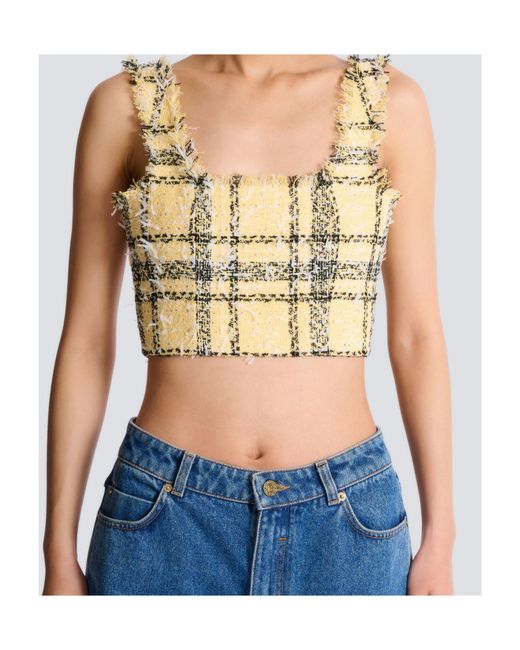 Balmain Metallic Glitter Plaid Tweed Cropped Top