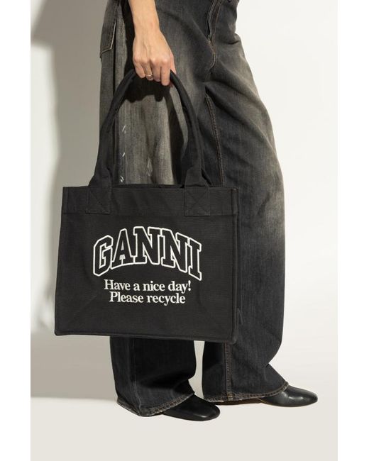Ganni Black Easy Logo Embroidered Tote Bag