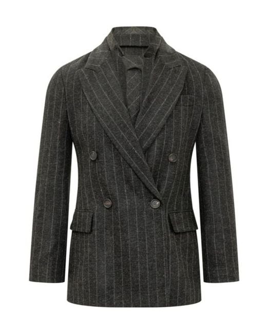 Brunello Cucinelli Black Double-Breasted Pinstripe Blazer