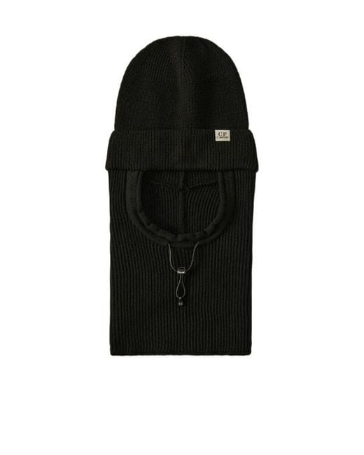 C P Company Black Ribbed Logo Balaclava Hat for men