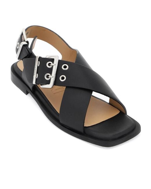 Ganni Multicolor Square Toe Crossover-Strap Bucked Sandals