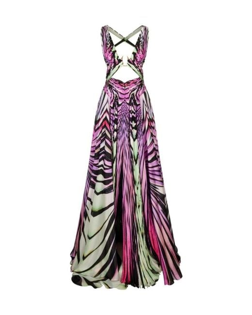 Roberto Cavalli Purple Ray Of Paradise Printed Halterneck Maxi Dress