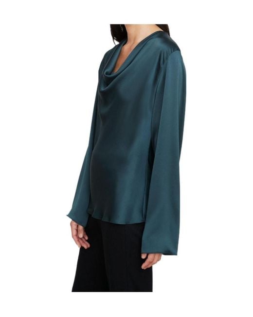 Vince Blue Long-Sleeved Blouse With Pleated Neck