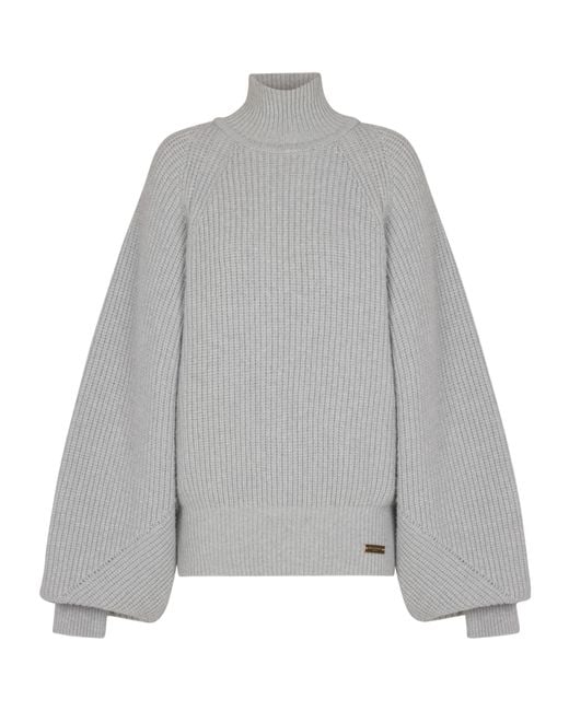 Balmain Gray High-Neck Ribbed Knit Jumper