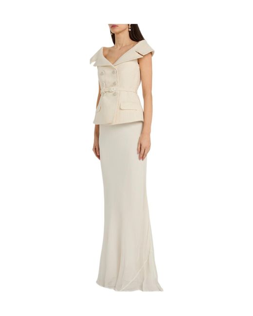Self-Portrait White Tailored Double-Breasted Bouclé Maxi Dress