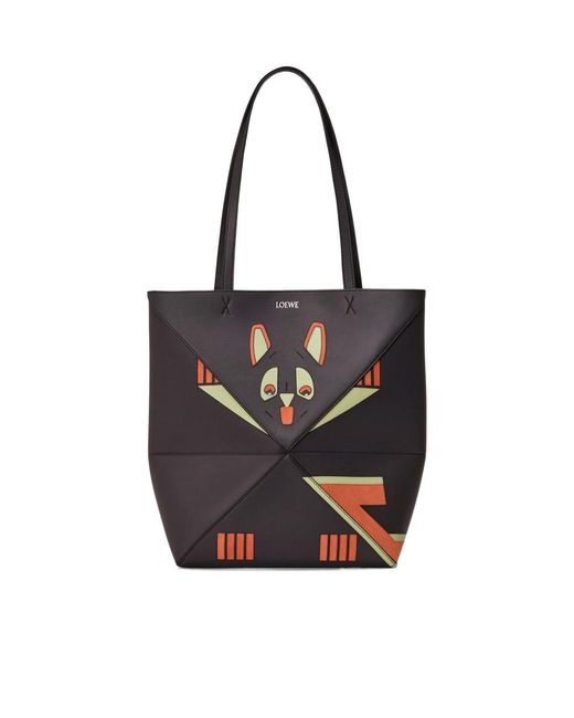 Loewe Black Futurist Cat Medium Puzzle Fold Tote Bag