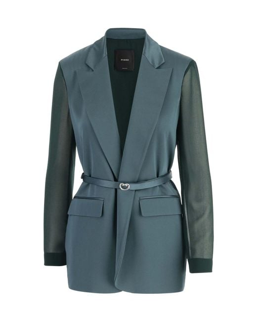 Pinko Blue Sheer-Sleeve Shiny Blazer