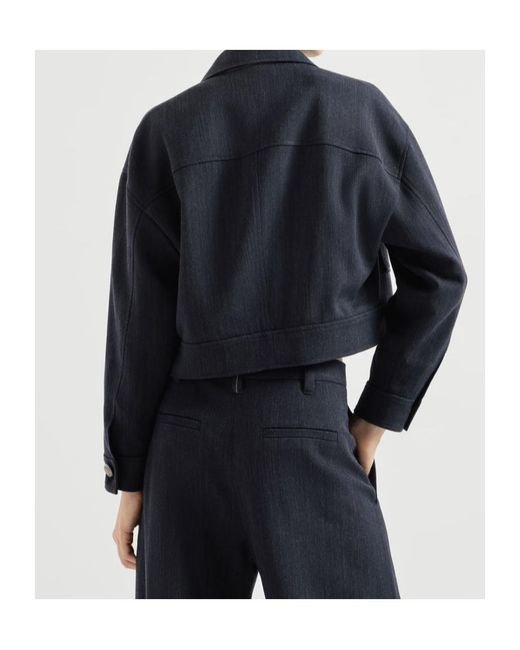 Brunello Cucinelli Blue Virgin-Wool Crêpe Chevron Cropped Outerwear Jacket With Monili