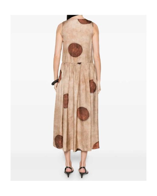 Uma Wang Natural Polka Dot Midi Dress Gathered Waist