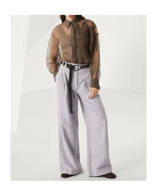 Brunello Cucinelli Brown Herbarium Appliqué Crispy Satin Shirt
