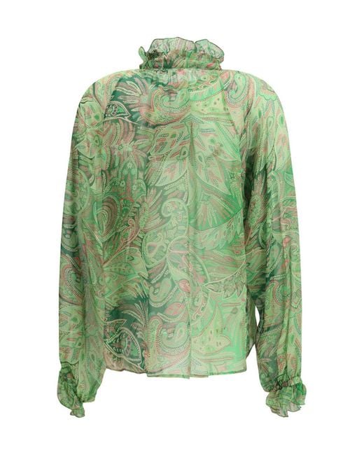 Etro Green Paisley Ruffled Sheer Top