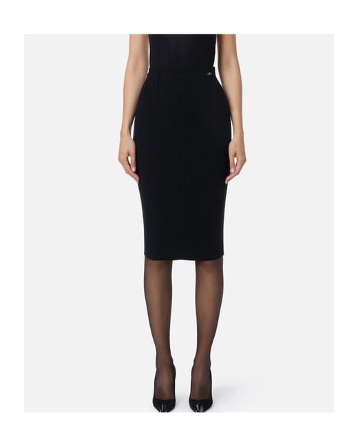 Elisabetta Franchi Black Logo Patch Midi Skirt
