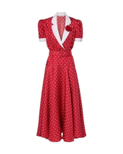 Rodarte Red Printed Silk Twill Midi Dress