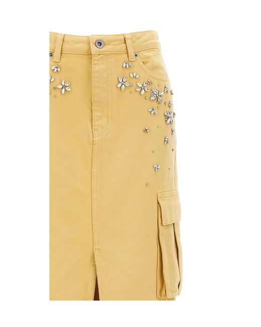 Self-Portrait Yellow Embellished Denim Cargo Maxi Skirt