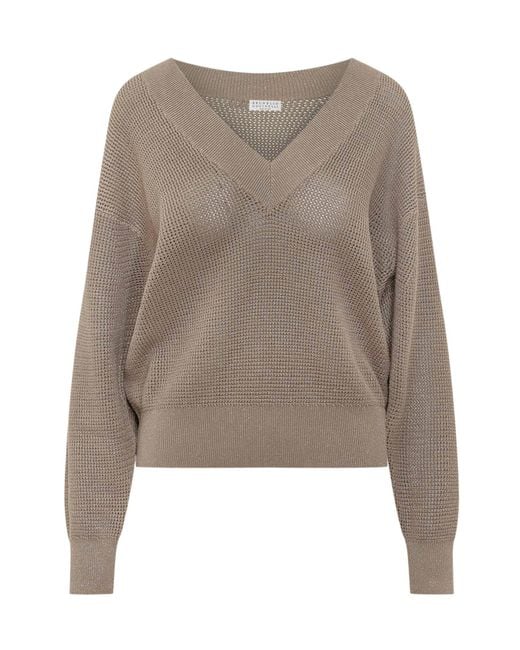 Brunello Cucinelli Brown V-Neck Openwork Jumper