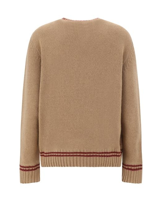 Prada Brown Logo-Intarsia Striped-Trim Crewneck Jumper