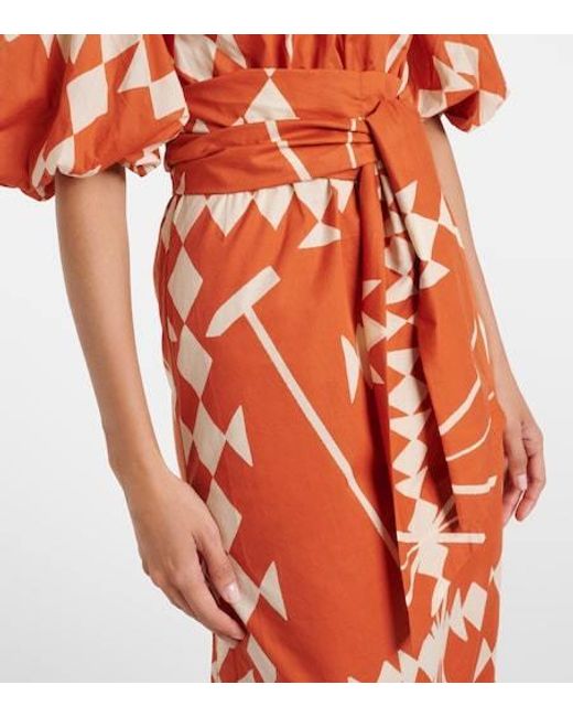 Johanna Ortiz Orange Printed Cotton Poplin Midi Dress