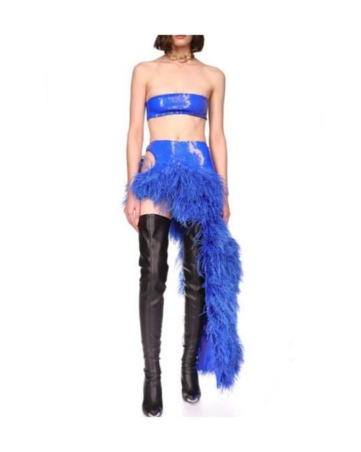 David Koma Blue Asymmetrical Skirt With Feather Details