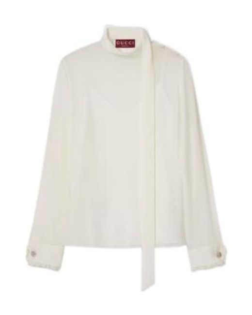 Gucci White Gg Georgette Tie-Detailed Top