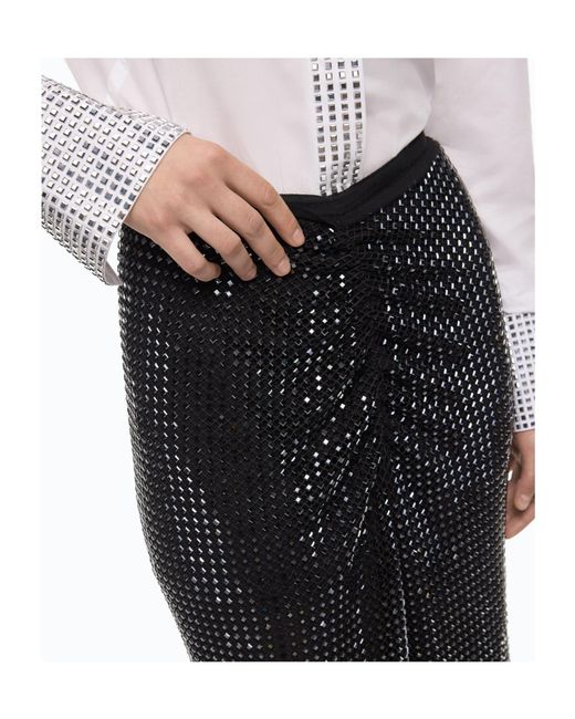 Pinko Black Mesh-Effect Calf-Length Skirt With Rhinestones