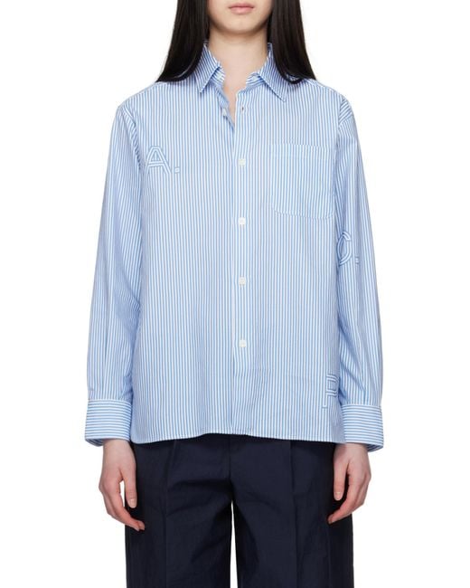 A.P.C. Blue Logo Printed Striped Buttoned Shirt