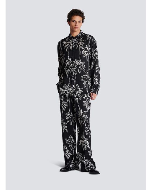 Balmain Black Palm Print Satin Pyjama Trousers for men